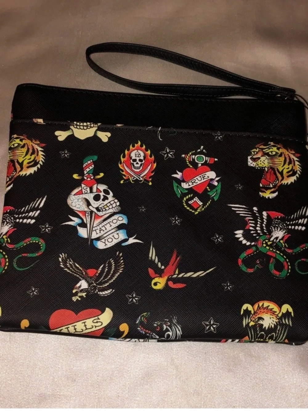 NEW Ed Hardy Black Tattoo Art Print Rhinestone Studded Wristlet 6.5”x8.5” NWT